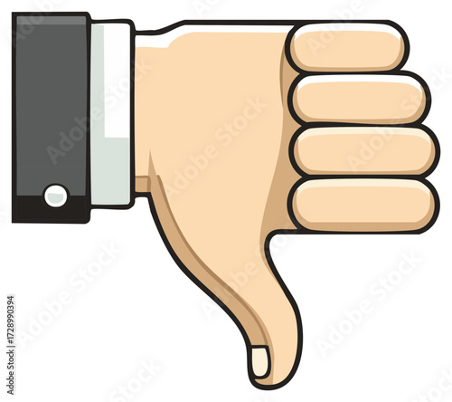 Cartoon hand gesture showing thumbs down, concept for disapproval, rejection, or dislike.