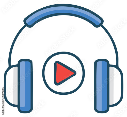Blue headphones with a red play button icon in the center symbolizing audio and music playback