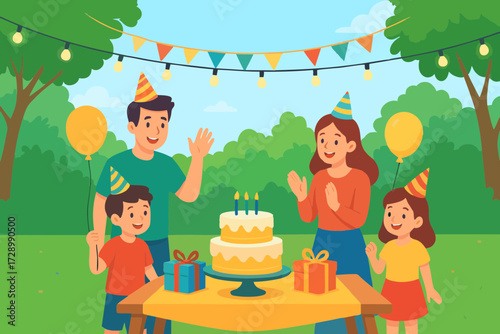  "Outdoor family birthday celebration with cake and balloons."