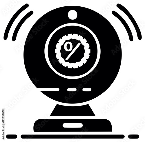Black and white illustration of a modern webcam with radiating signal waves symbolizing online communication and digital technology