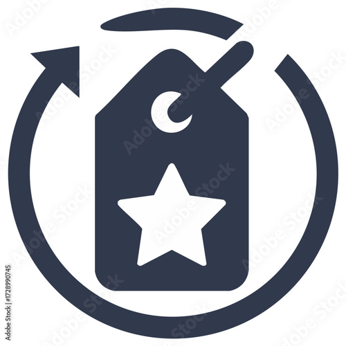 Customer loyalty program or product rating update icon with star crescent moon and circular arrow