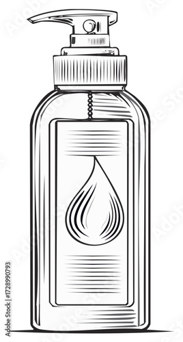 Hand sanitizer bottle with dispensing pump and liquid drop icon illustration