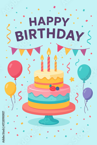 Colorful birthday cake with three candles and balloons in flat style illustration