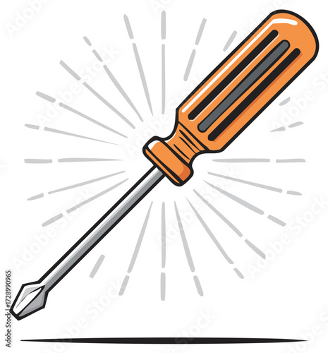 Stylized flathead screwdriver illustration with an orange handle in a bold retro cartoon vector style