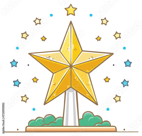 Whimsical Golden Star Tree Topper with Decorative Stars and Bushes Illustration