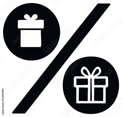 Gift box illustration in black circles connected by a diagonal line for promotions or discounts.