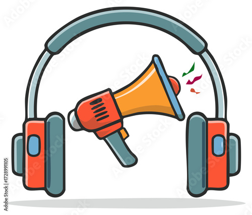 Vibrant Cartoon Illustration Featuring Headphones and a Megaphone Announcing News