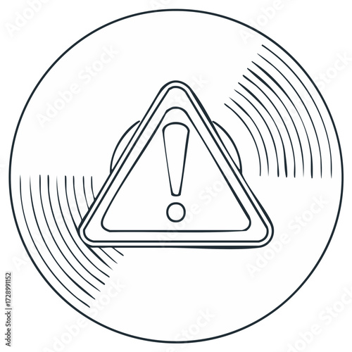 Warning icon with exclamation mark in triangle, inside a circle with lines.