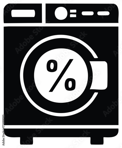 Modern Washing Machine with Percentage Discount Display in a Black and White Icon