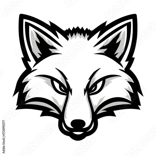 Sharp-edged, monochromatic fox head illustration, glaring