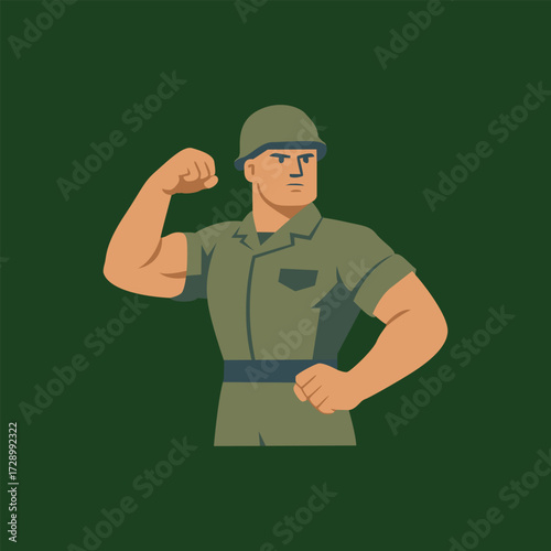 Strong soldier cartoon. Muscular soldier flexing, recruitment, fitness, heroic motif.