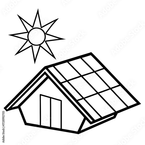 Renewable energy concept featuring a house with solar panels and sun shining bright overhead illustration