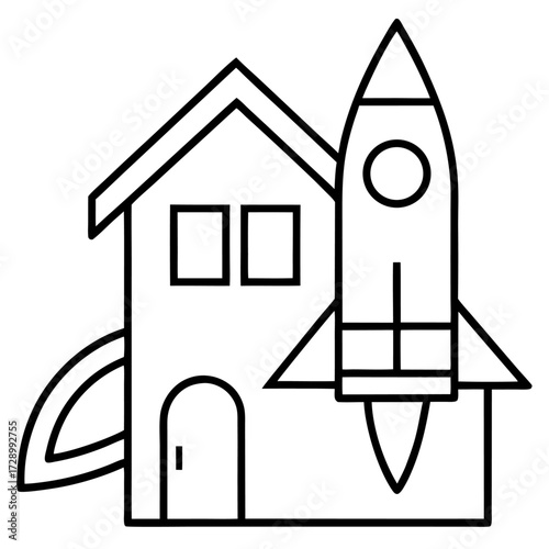 Illustration of house with rocket symbolizing innovation and growth in real estate outline design