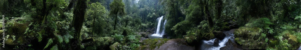 Obraz premium Lush rainforest waterfall hdri panoramic environment map 360-degree viewpoint