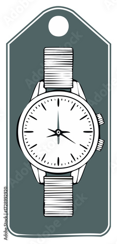 Vector illustration of a classic analog wristwatch on a retail price tag
