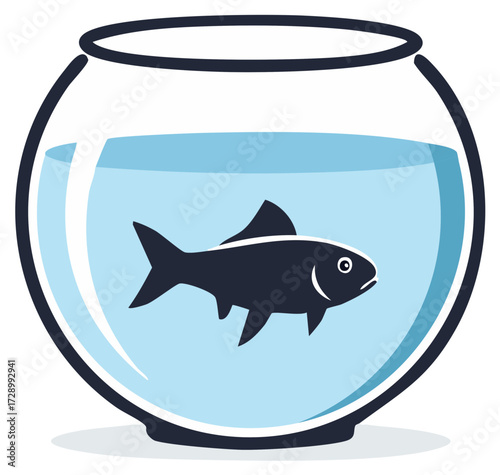 Stylized illustration of a single dark fish swimming in a clear glass fishbowl filled with light blue water.