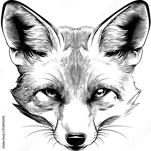 Fox Portrait  Detailed engraving of a fox face with prominent ears and piercing eyes