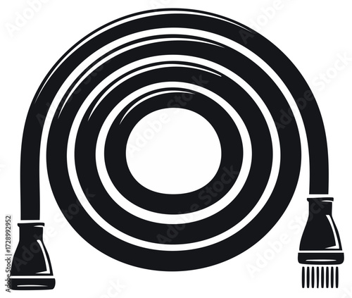 Coiled garden hose with nozzle, black vector illustration for water irrigation and gardening tools