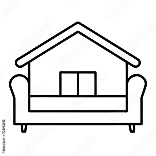 Minimalist house icon resting on a couch representing a comfortable and cozy home life style