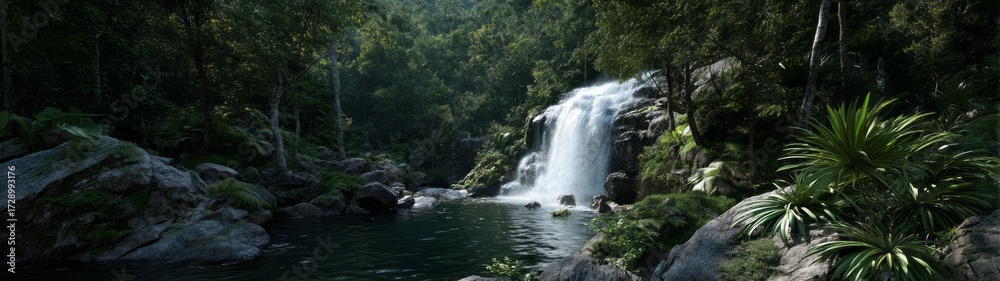 Fototapeta premium Lush rainforest waterfall action scene hdri panoramic environment map equirectangular viewpoint