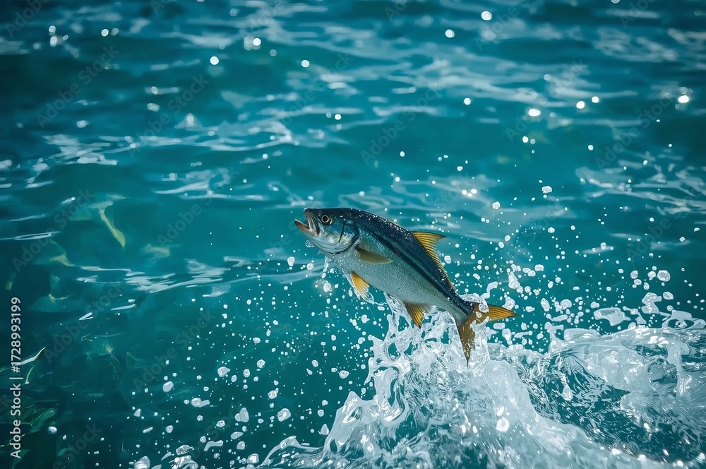 Naklejka premium A fish is leaping out of the clear, turquoise water, creating ripples and splashes around it.