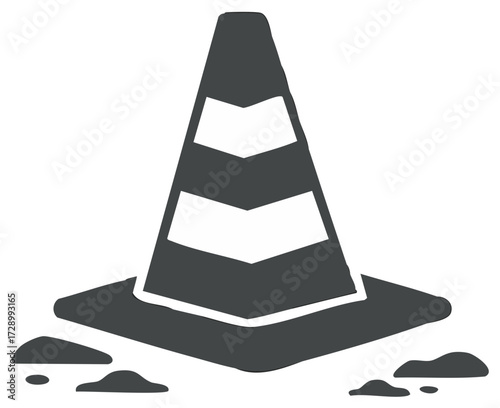 Gray Scale Icon of Striped Traffic Safety Cone for Construction Hazard Warning