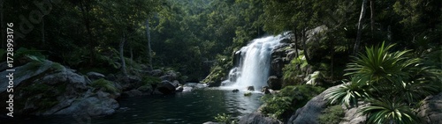 Lush rainforest waterfall action scene hdri panoramic environment map equirectangular viewpoint
