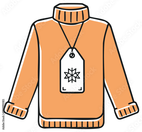 Orange Turtleneck Sweater with Snowflake Price Tag for Cozy Winter Sale Shopping