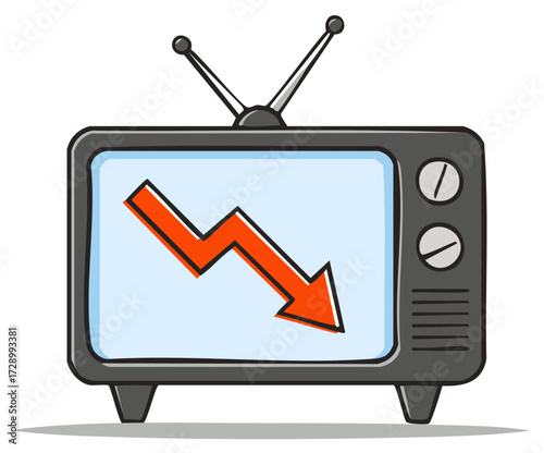 Television screen displaying downward trending arrow, decline forecast, economic downturn, crisis signal