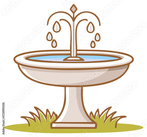Cartoon water fountain with water drops in a bowl standing on grass, vector illustration.