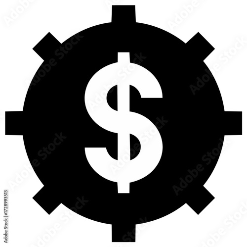 Dollar sign within a gear icon showcasing financial mechanisms and engineering. Economy and machinery symbol.