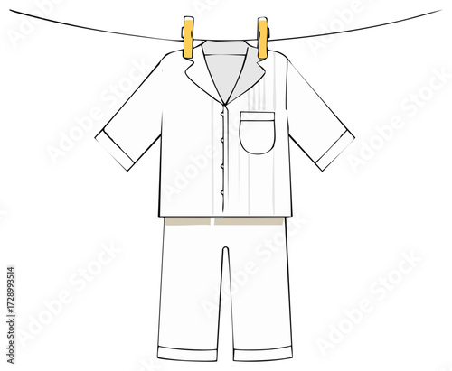 White Pajamas on Clothesline with Clothespins, Line Art Sleepwear