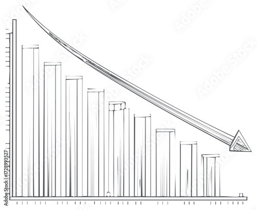 Hand drawn declining bar graph with a downward arrow illustrating a financial recession and business failure