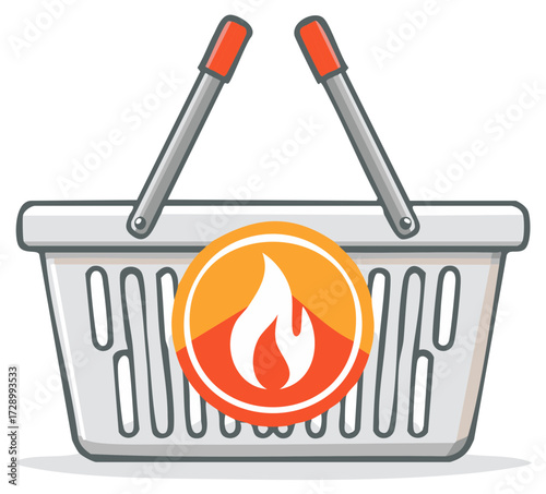 Hot Deals shopping basket illustration. Vector depicting fire in a basket, representing special offers and fast selling items.