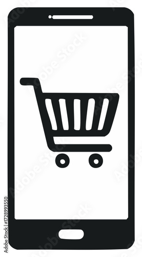 Online shopping cart on smartphone screen icon for digital commerce and mobile retail