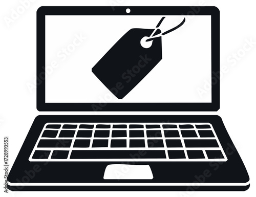Black silhouette of an open laptop displaying a price tag icon for online shopping and commerce