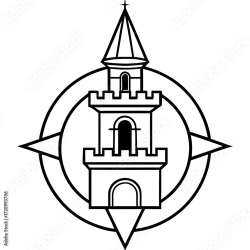 Monochrome Tower Icon with Compass Rose for Location and Directional Guidance applications black and white