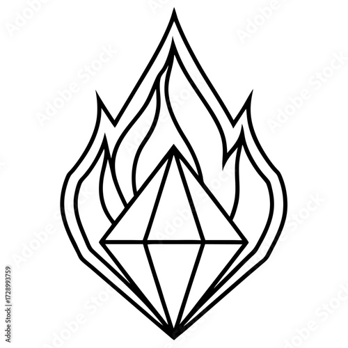 Diamond in flames line art illustration with a minimalist design style aesthetic on white background