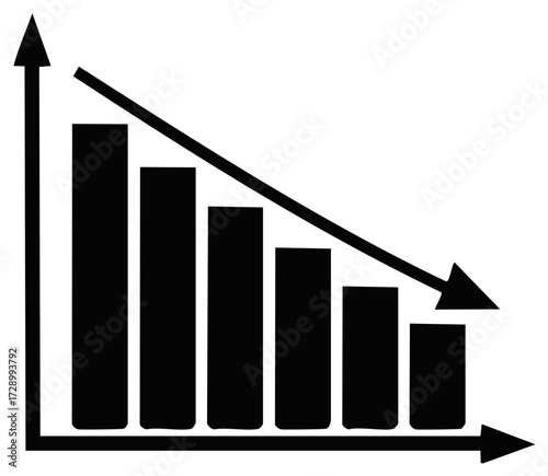 Declining bar graph chart and decreasing downward arrow symbol