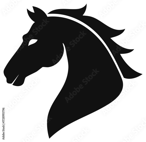Horse head silhouette, graphic design element, black outline on white background