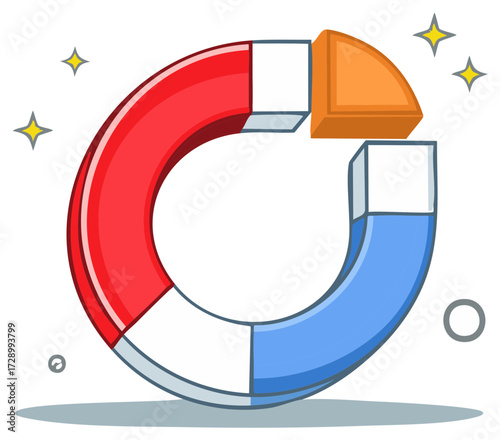Red and blue horseshoe magnet attracting an orange metallic object with stylized stars and circles