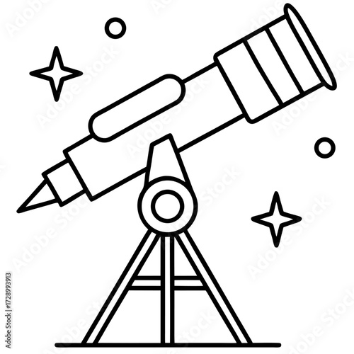 Line art illustration of telescope with stars and circles for astronomical observation equipment