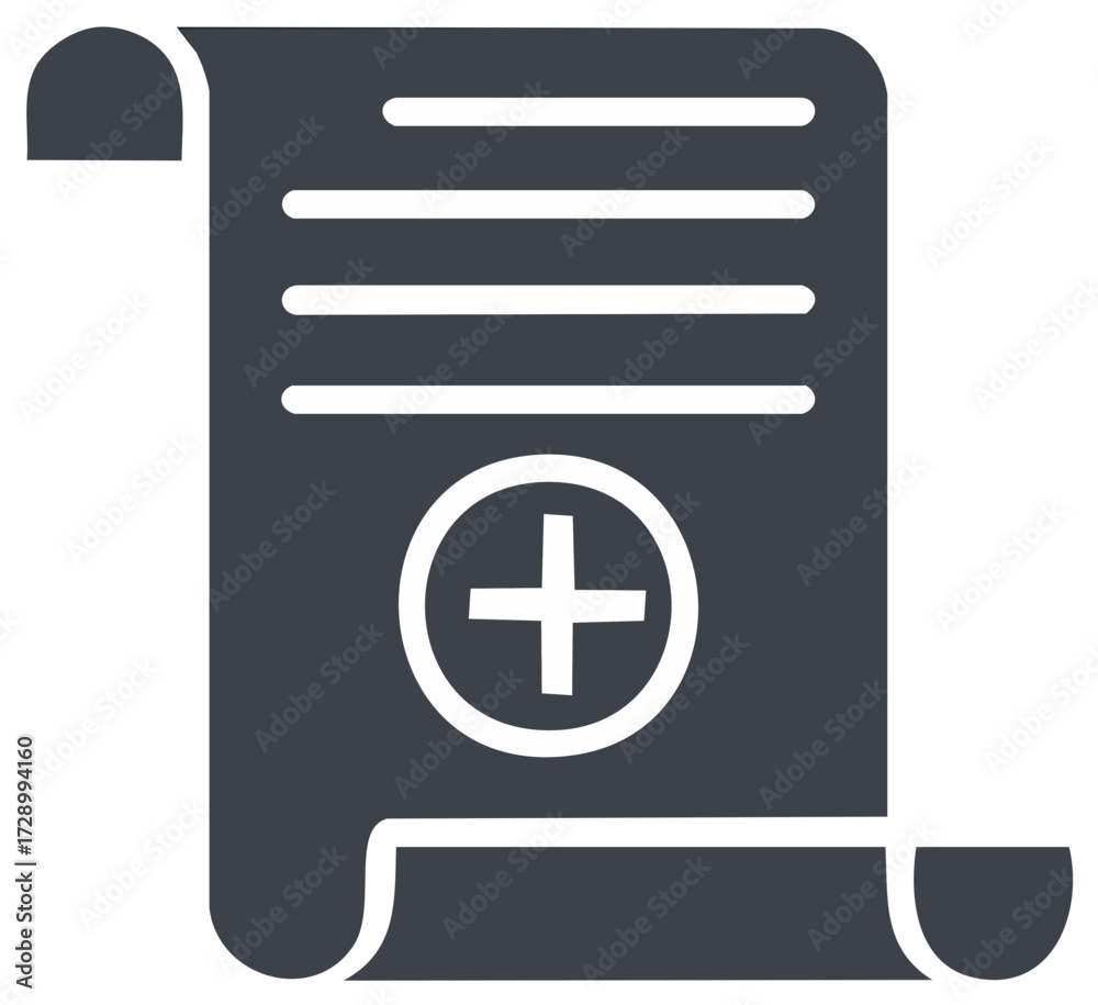 Fototapeta premium Healthcare Medical Document Icon with Plus Sign Symbol and Prescription Text
