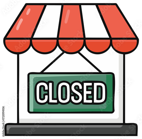 Cartoon storefront with red striped awning and a green closed sign indicating business is temporarily shut