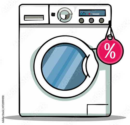 Vibrant cartoon washing machine illustration with a bright percentage discount tag