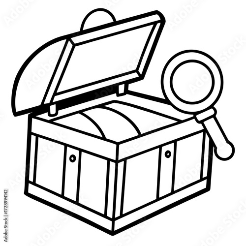 Outlined treasure chest with lid open and a magnifying glass suggesting a search for hidden value