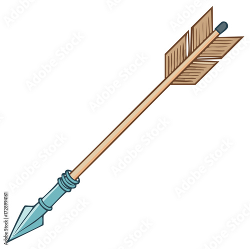 Cartoonish arrow with blue steel tip and wooden shaft points diagonally.
