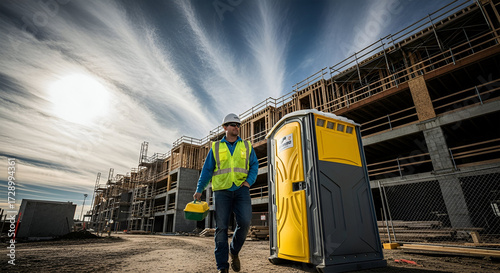 Construction worker walking towards a portable toilet on a building site under a cloudy sky.