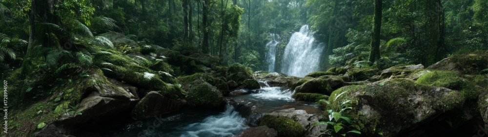 Fototapeta premium Serene waterfall in lush rainforest hdr panoramic view vibrant nature landscape