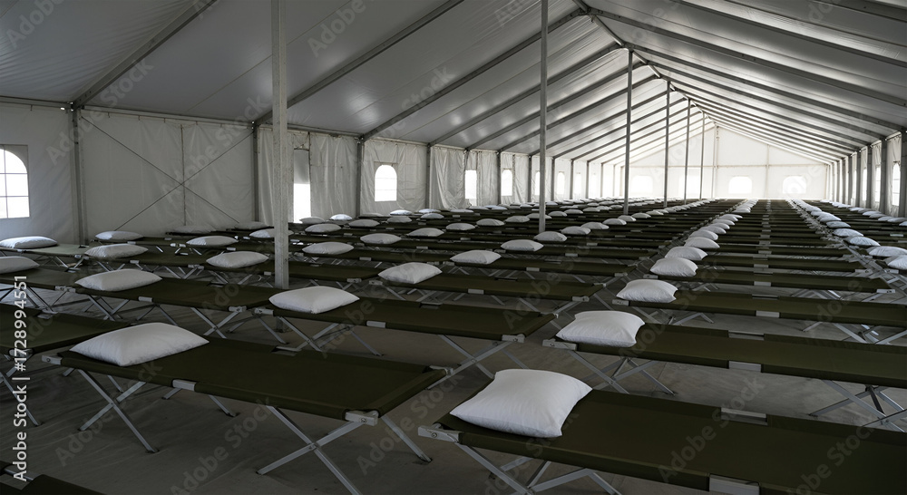 Fototapeta premium Rows of cots with pillows fill a large, bright tent, possibly a shelter or temporary housing.